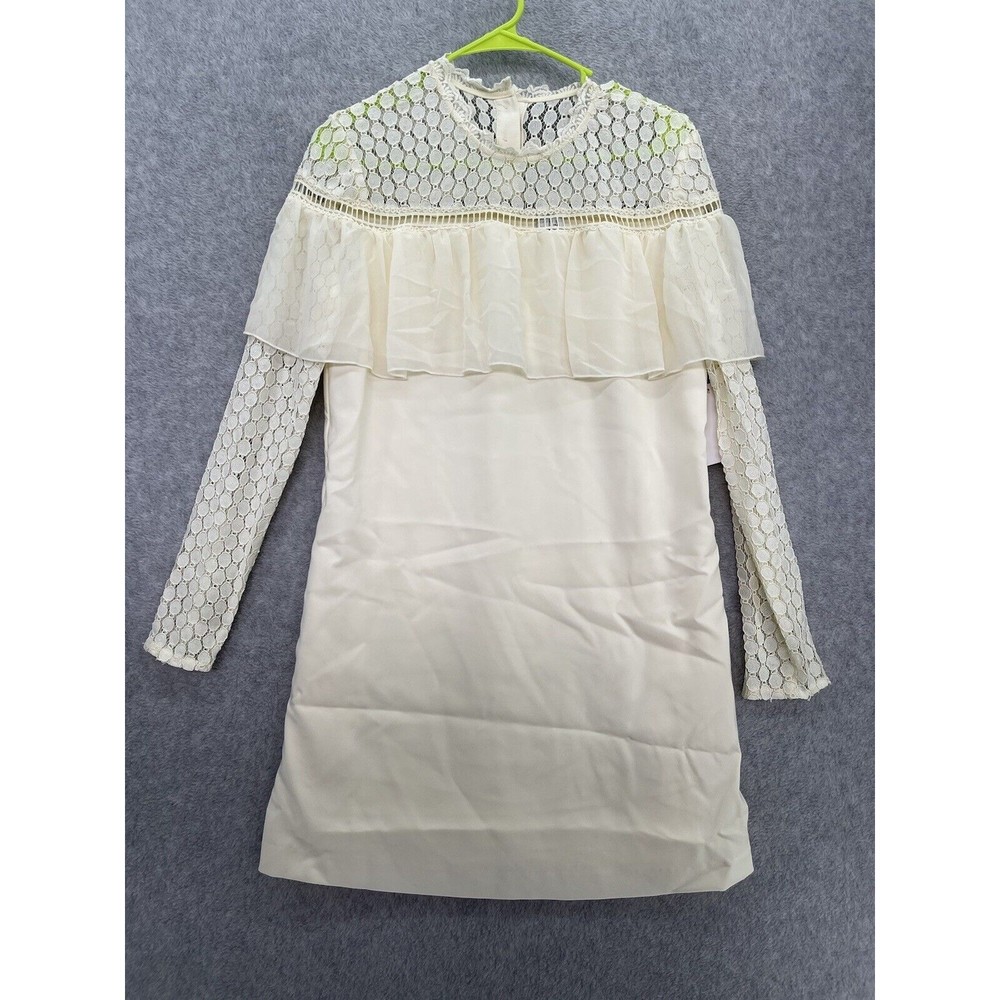 Kensie Women's Dress Long Sleeve Round Neck Ivory Size Small Ruffle Lace Sheath